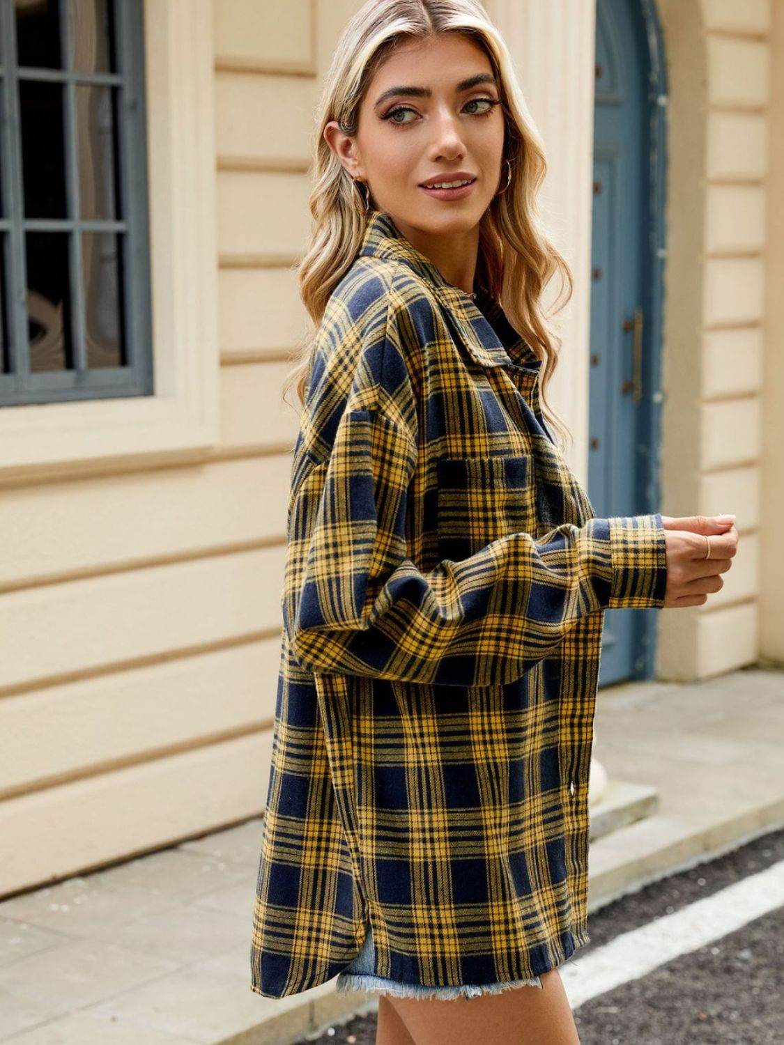 Plaid Collared Neck Long Sleeve Shirt - Selvanelle