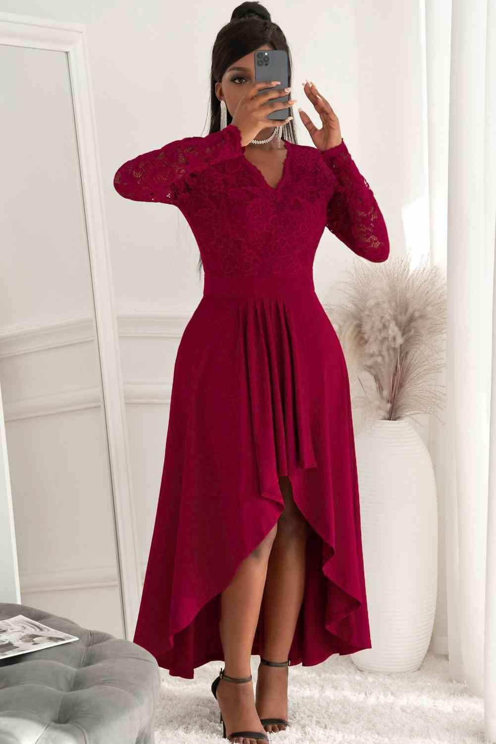 Lace High-Low V-Neck Dress for Elegant Evening Wear - Selvanelle