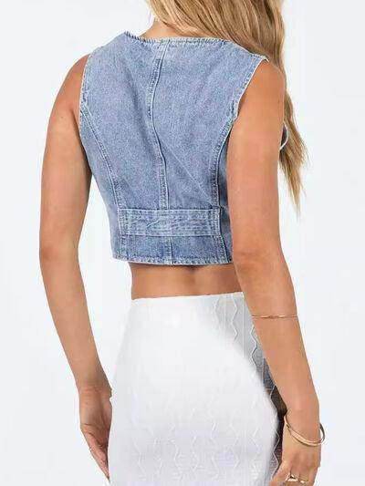 Button Up Sleeveless Denim Top for Effortless Style - Selvanelle