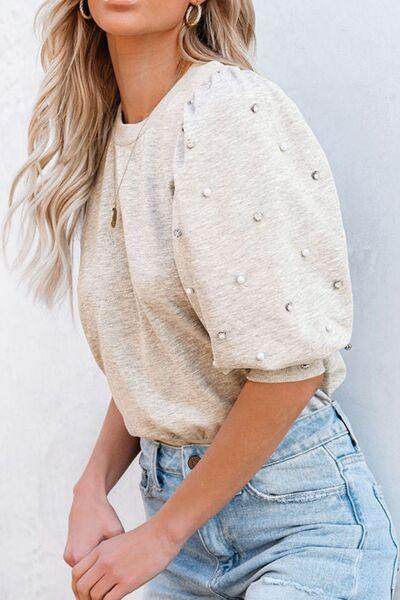 Rhinestone Pearl Detail Round Neck Puff Sleeve Top Women - Selvanelle