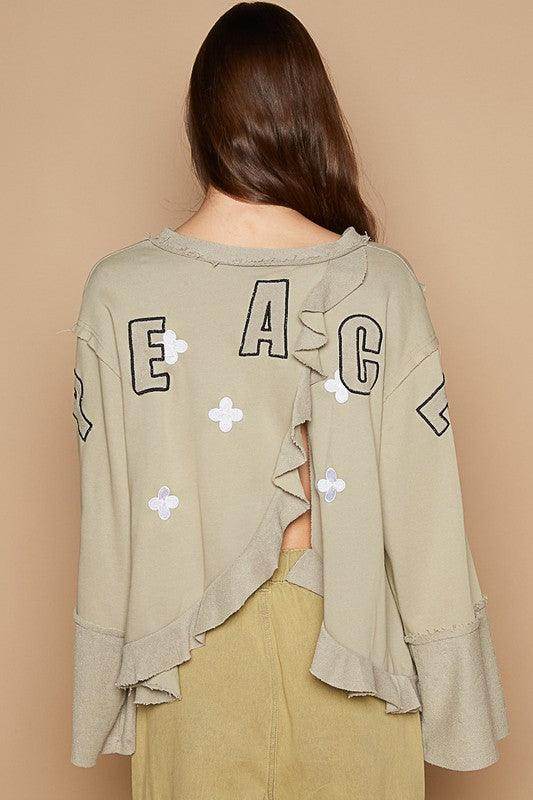 POL Peace Embroidered Exposed Seam Back Ruffle V-Neck Top - Selvanelle