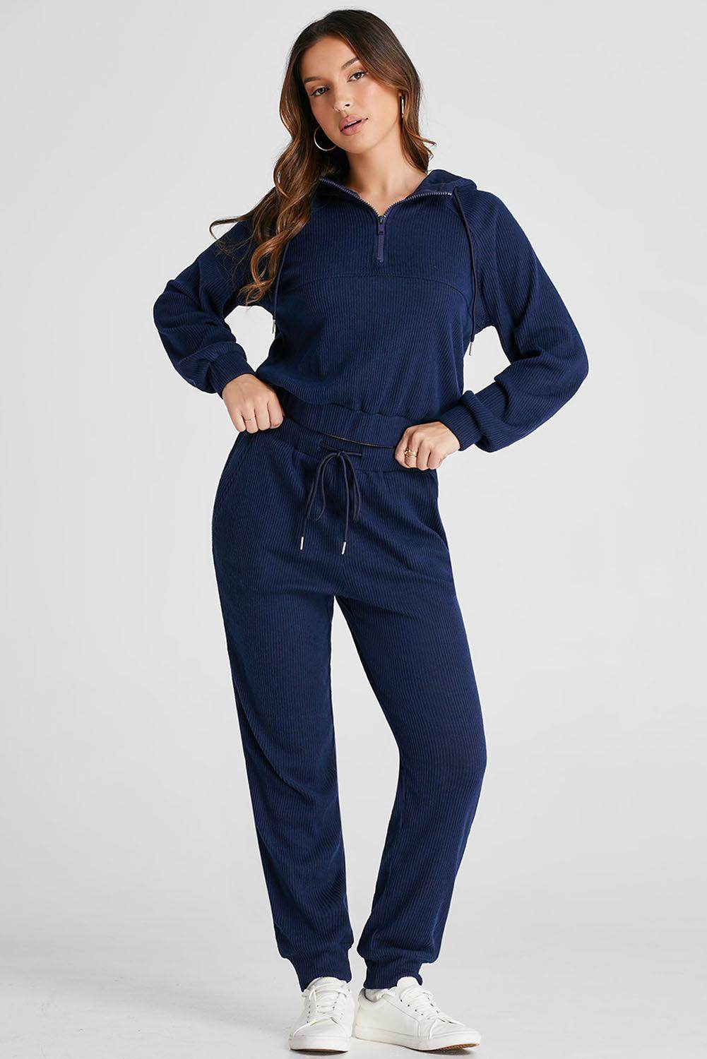 Drawstring Half Zip Hoodie and Joggers Active Set for Women - Selvanelle