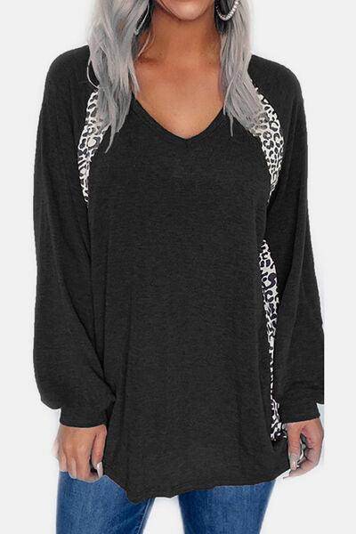 Full Size Leopard V-Neck Long Sleeve T-Shirt for Women - Selvanelle
