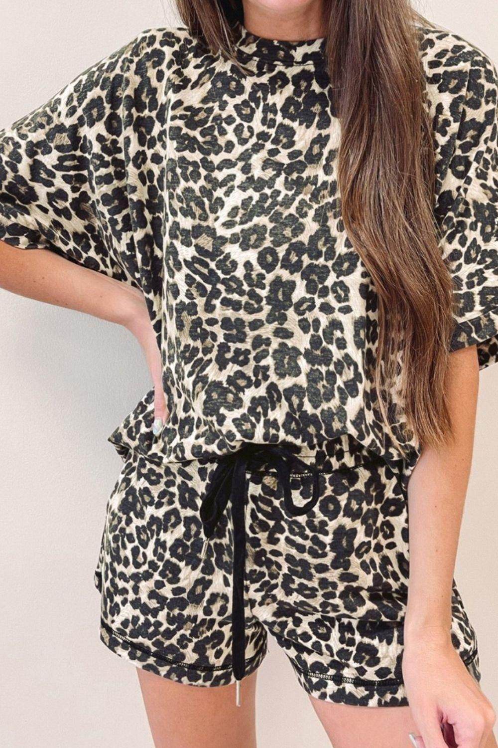 Leopard Round Neck Top and Shorts Set for Women Fashion - Selvanelle