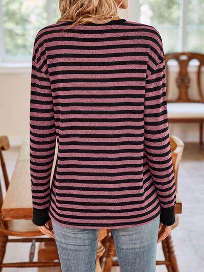Lovelet Striped Round Neck Long Sleeve T-Shirt for Women - Selvanelle