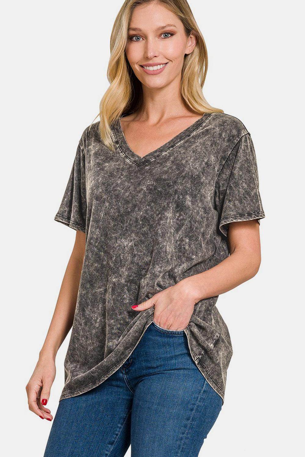 Zenana Full Size Washed Short Sleeve V-Neck T-Shirt for Women - Selvanelle