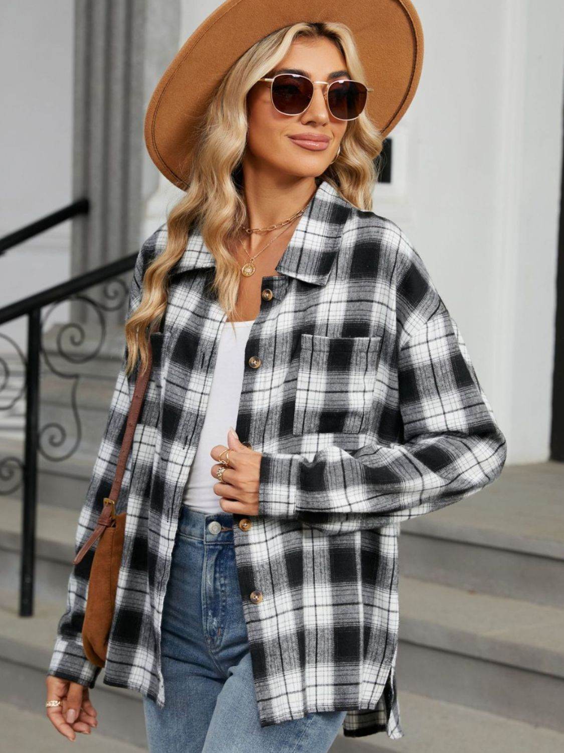 Plaid Collared Neck Long Sleeve Shirt - Selvanelle