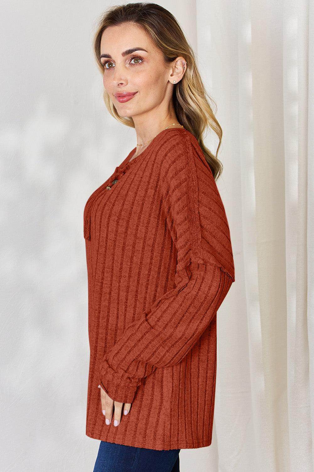 Basic Bae Full Size Ribbed Half Button Long Sleeve T-Shirt - Selvanelle