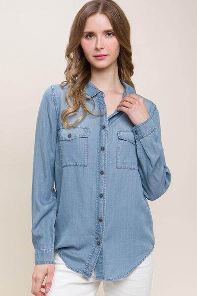 Love Tree Scooped Hem Button Up Denim Shirt for Women - Selvanelle
