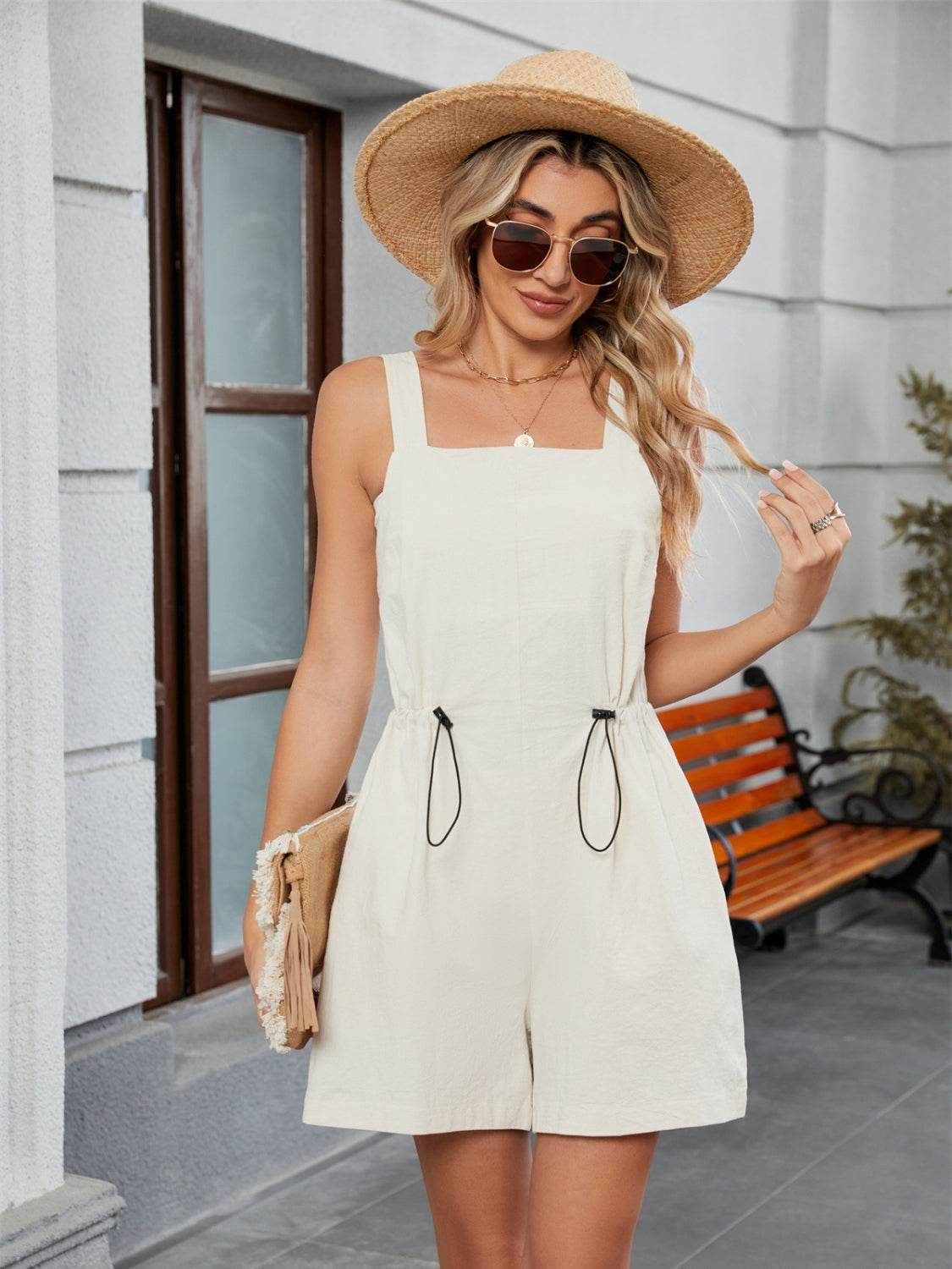 Drawstring Wide Strap Romper with Pockets - Selvanelle