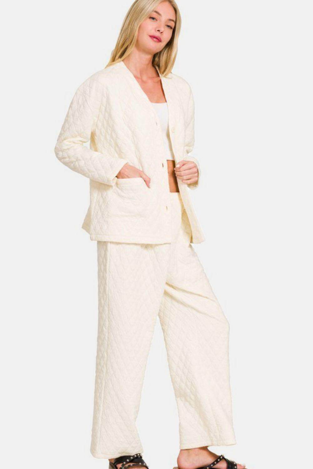 Zenana Quilted Button Up Long Sleeve Top and Pants Set - Selvanelle