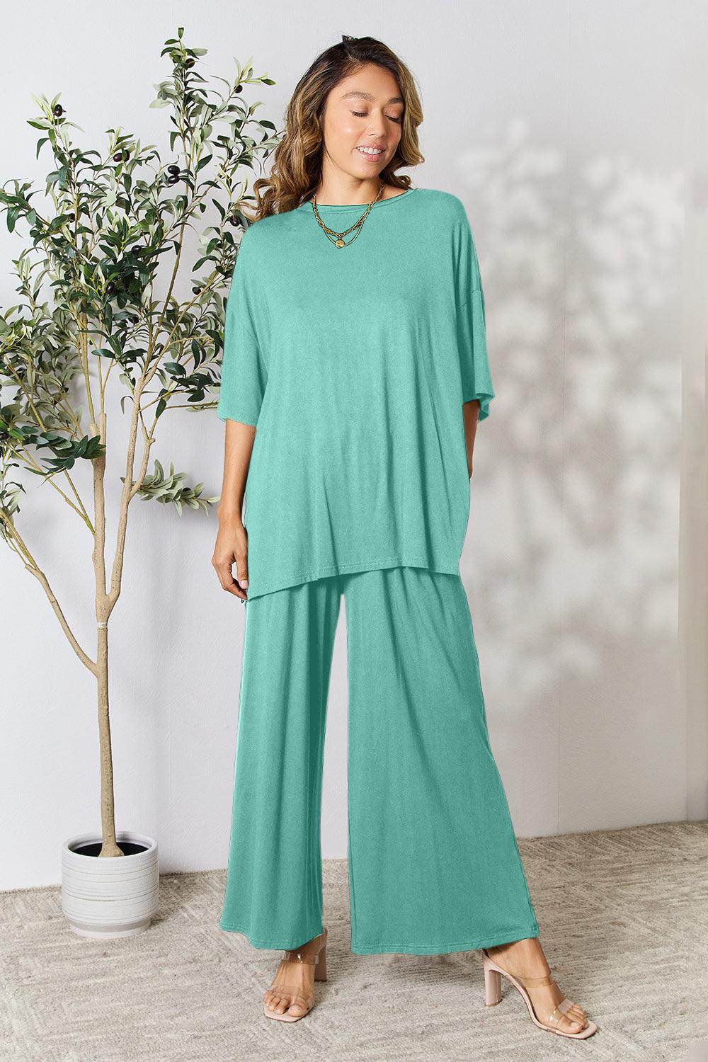 Double Take Full Size Round Neck Slit Top and Pants Set - Selvanelle