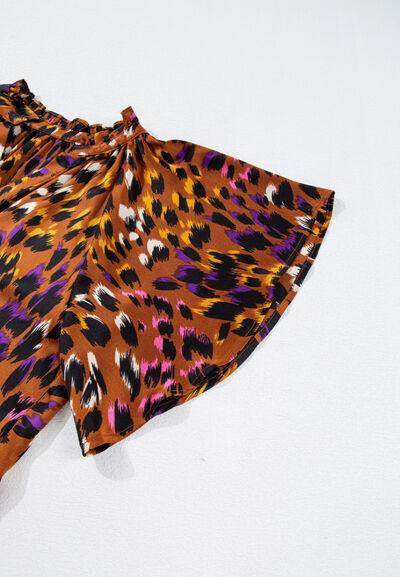 Leopard Notched Short Sleeve Blouse for Stylish Women - Selvanelle