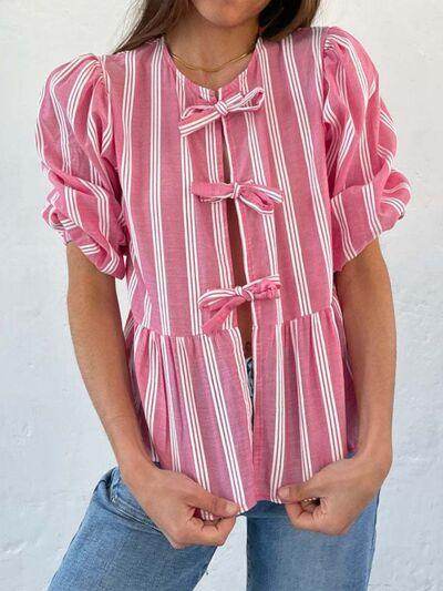 Tied Round Neck Balloon Sleeve Shirt for Stylish Look - Selvanelle