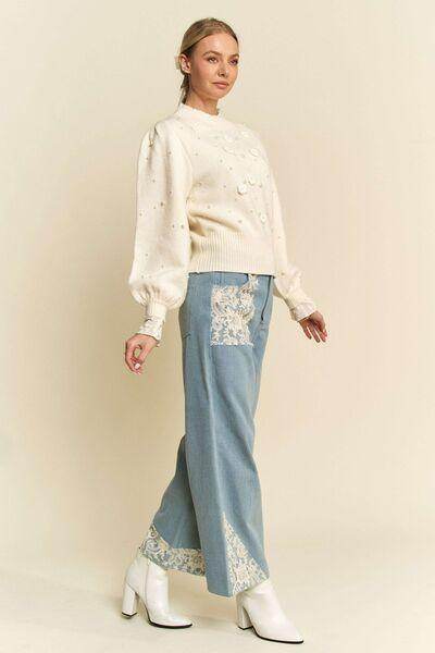 Davi & Dani Lace Applique Wide Leg Jeans for Women - Selvanelle