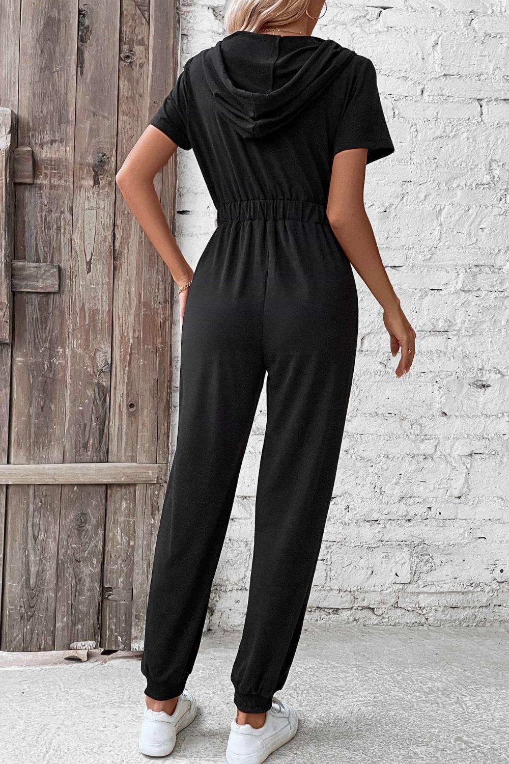 Perfee Zip-Up Short Sleeve Hooded Jumpsuit with Pockets - Selvanelle