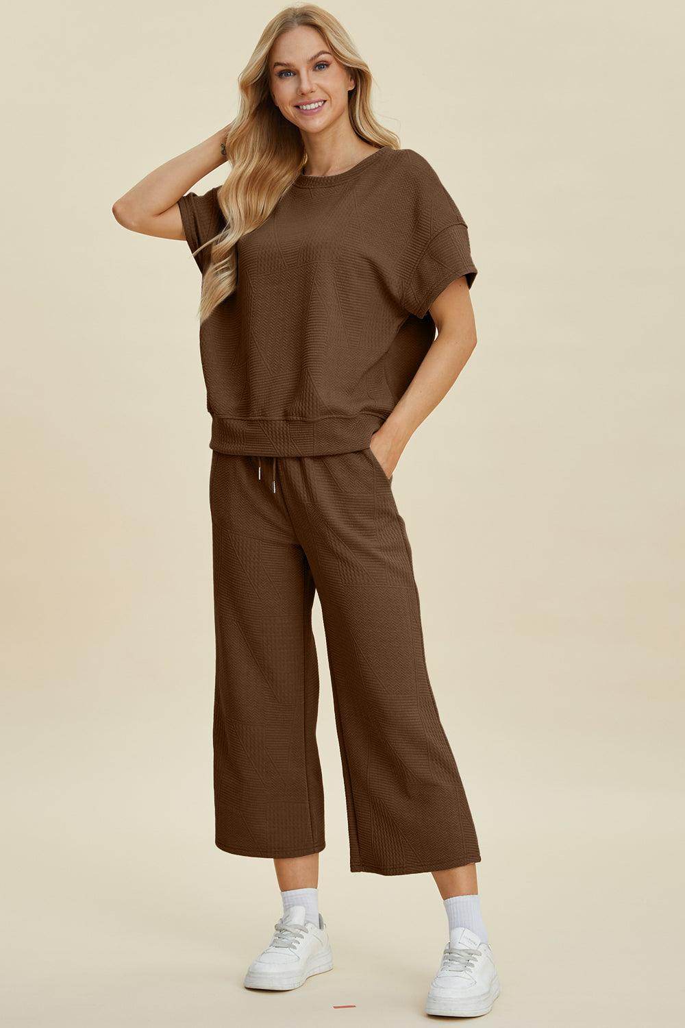Double Take Full Size Texture Round Neck Top and Pants Set - Selvanelle