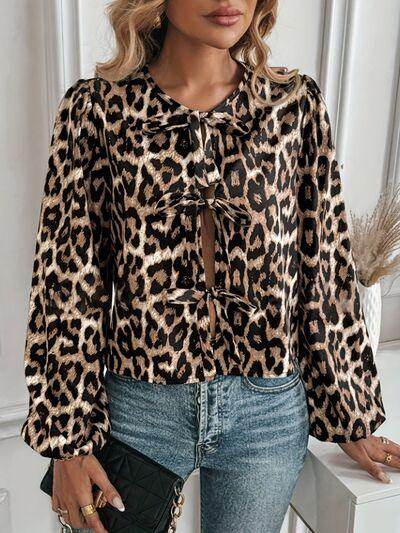 Tied Leopard Round Neck Long Sleeve Top for Women - Selvanelle