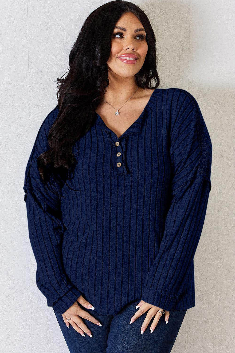 Basic Bae Full Size Ribbed Half Button Long Sleeve T-Shirt - Selvanelle