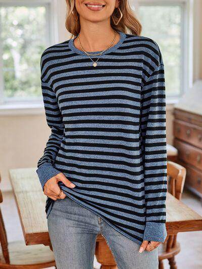 Lovelet Striped Round Neck Long Sleeve T-Shirt for Women - Selvanelle
