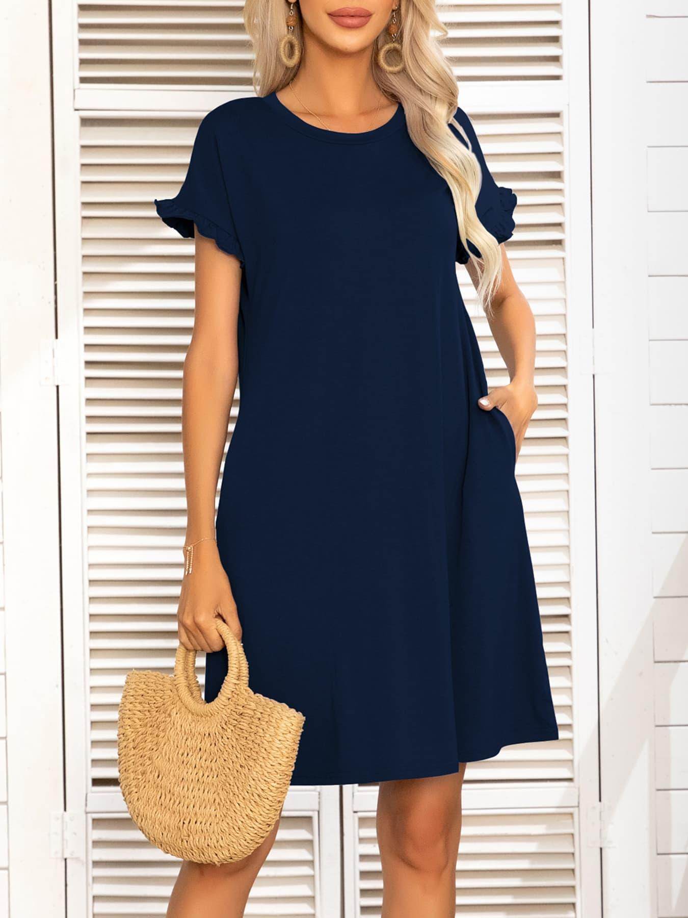 Round Neck Flounce Sleeve Dress with Pockets for Women - Selvanelle