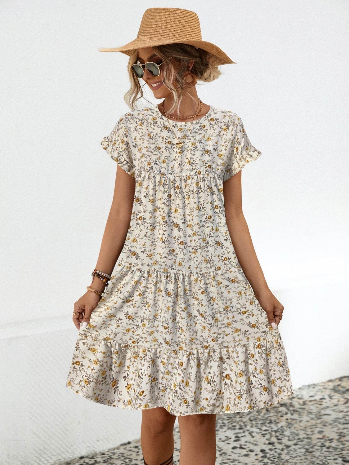Frill Floral Round Neck Short Sleeve Tiered Dress - Selvanelle