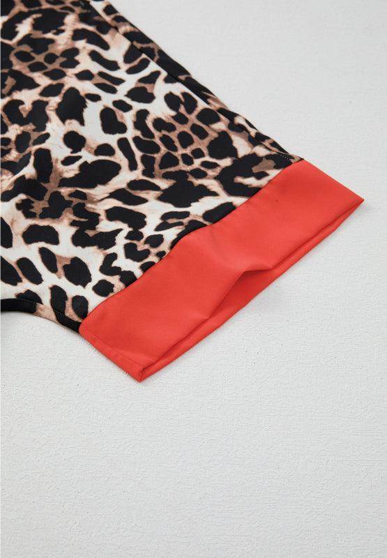 Contrast Trim Leopard Round Neck Top and Pants Lounge Set - Selvanelle