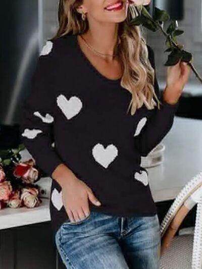 Heart Scoop Neck Long Sleeve Sweater for Women Cozy Style - Selvanelle