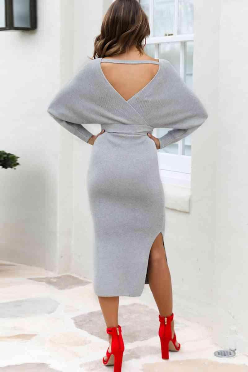 Surplice Neck Bow Waist Slit Sweater Dress for Women - Selvanelle