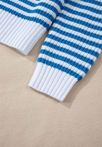 Striped Half Zip Mock Neck Long Sleeve Sweater for Women - Selvanelle