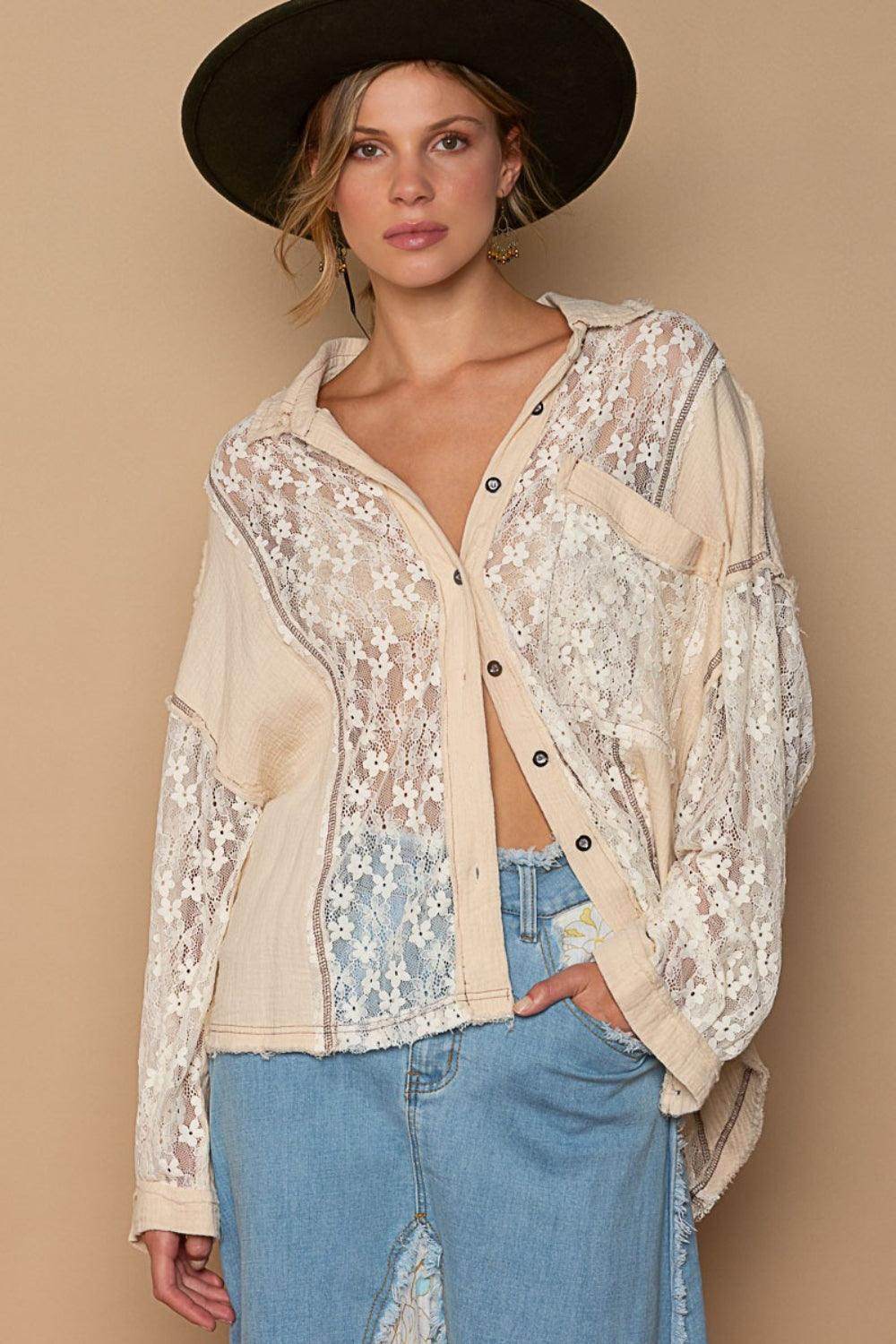 POL Oversize Lace Button-Down Shirt for Stylish Comfort - Selvanelle