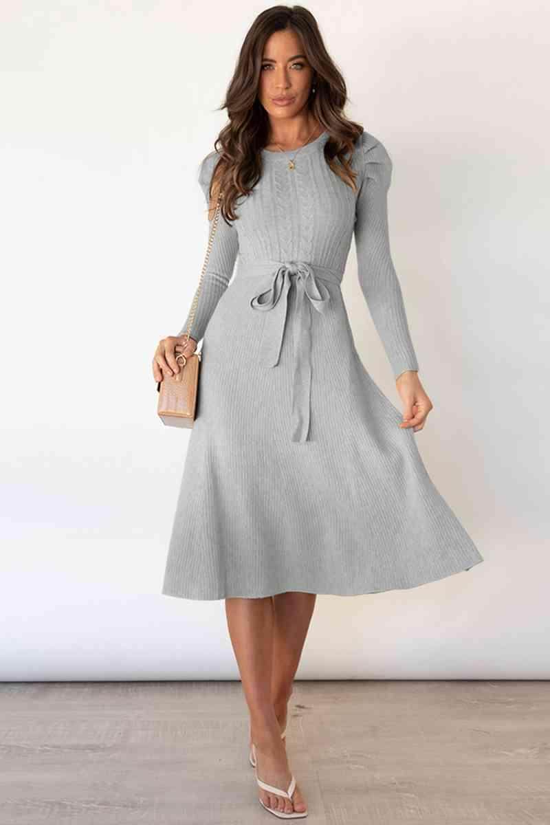 Round Neck Long Sleeve Tie Waist Sweater Dress for Women - Selvanelle