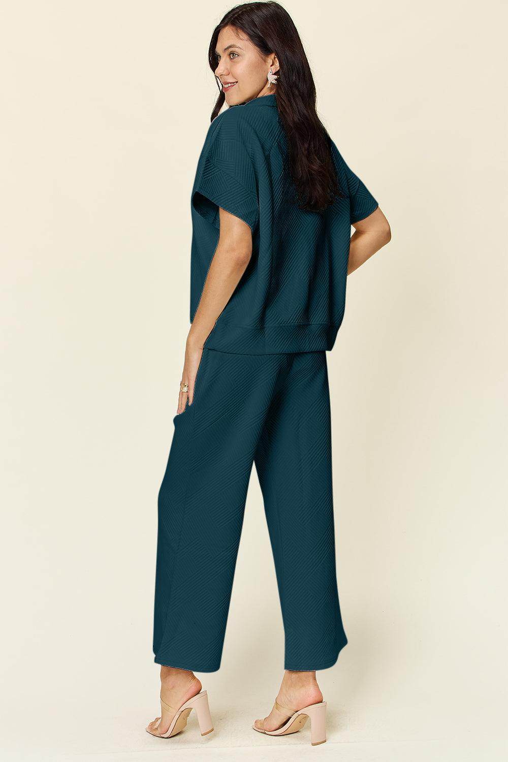 Double Take Full Size Texture Half Zip Short Sleeve Top Set - Selvanelle