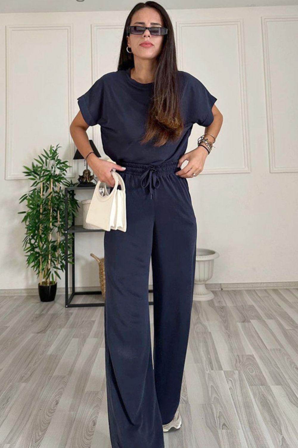 Round Neck Short Sleeve Top and Drawstring Pants Set for Women - Selvanelle