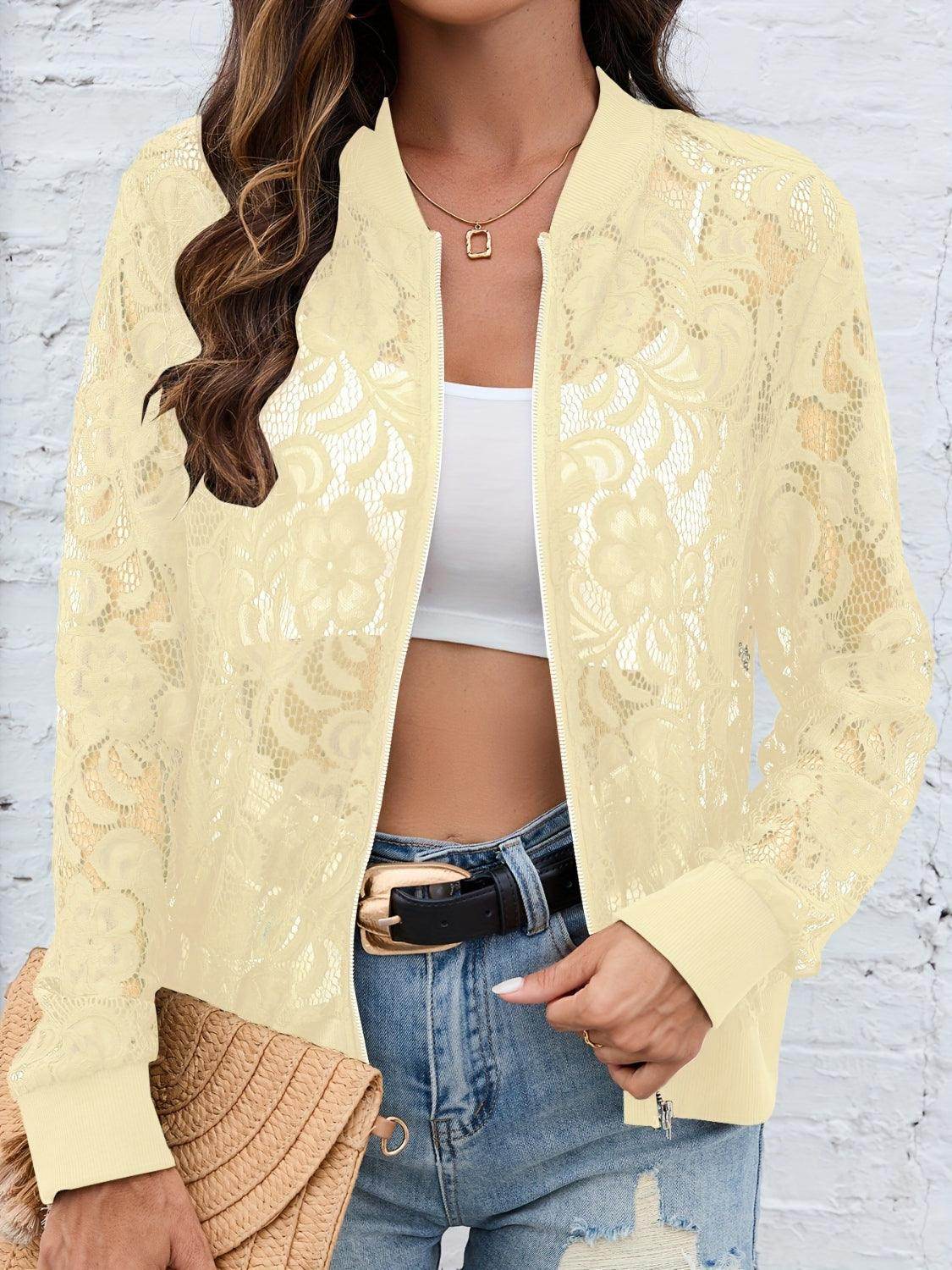 Sheer Lace Zip Up Long Sleeve Jacket for Women Fashion - Selvanelle