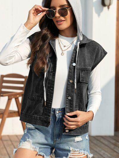 Drawstring Button Up Sleeveless Denim Jacket for Women - Selvanelle