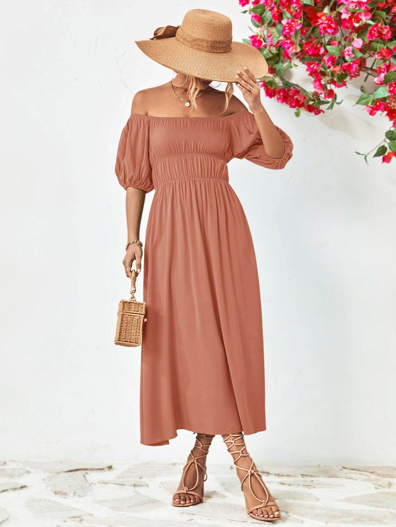 Off-Shoulder Balloon Sleeve Midi Dress for Chic Style - Selvanelle