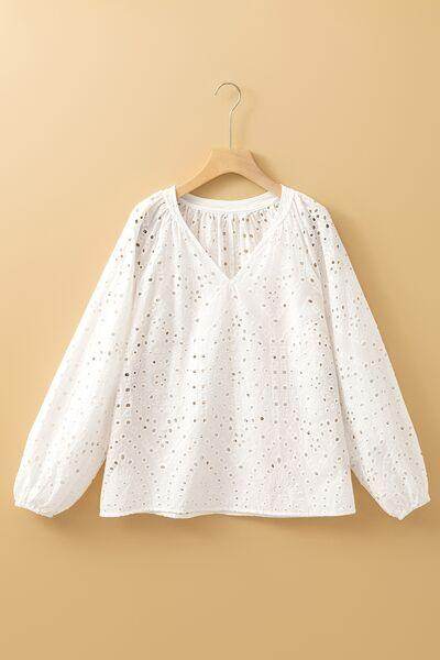 Eyelet V-Neck Long Sleeve Blouse for Stylish Comfort - Selvanelle