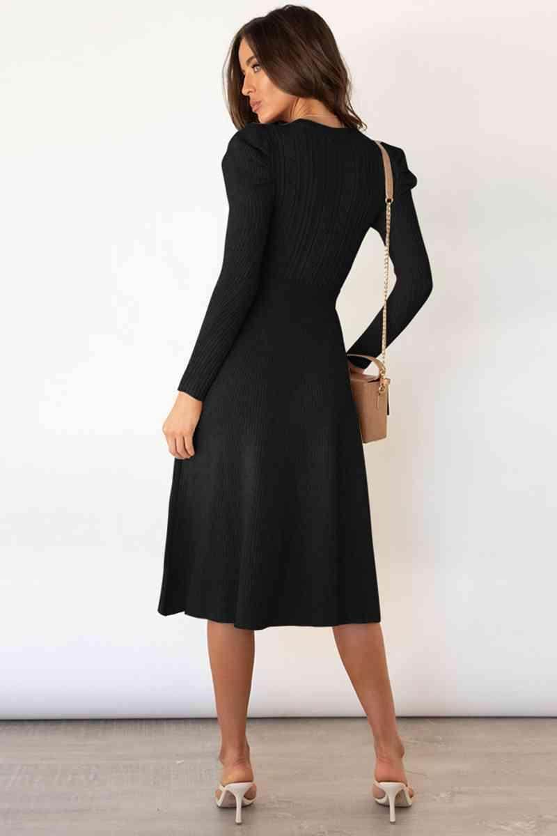 Round Neck Long Sleeve Tie Waist Sweater Dress for Women - Selvanelle