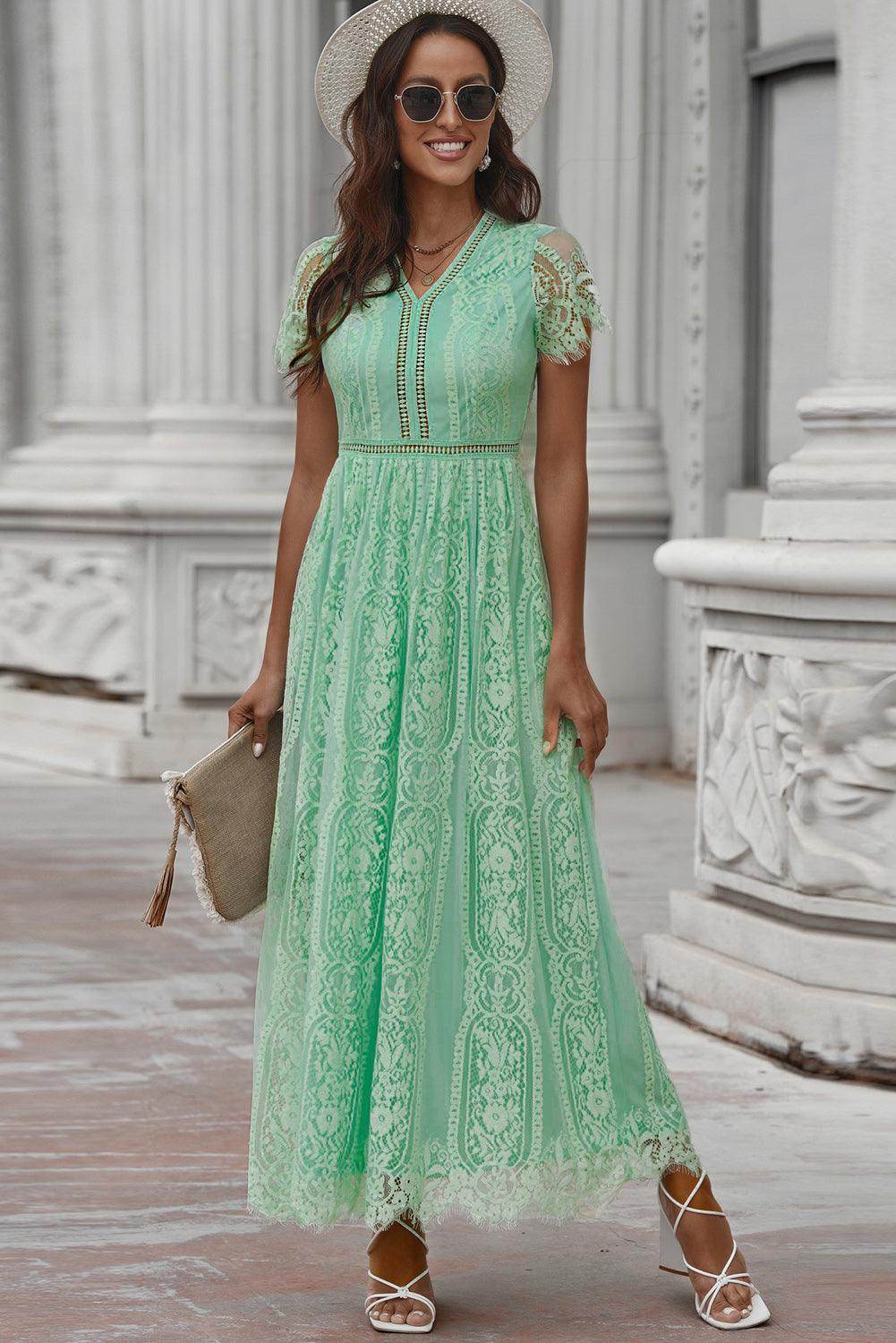 Scalloped Trim Lace Plunge Dress for Elegant Occasions - Selvanelle