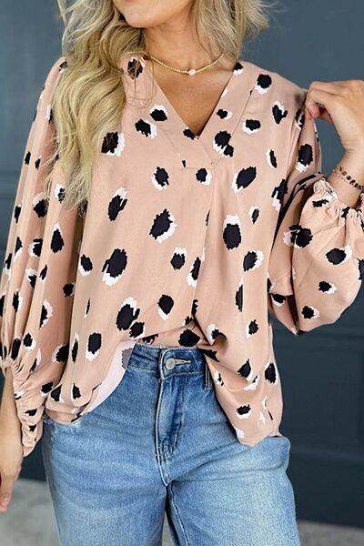 Contrast Animal Print V-Neck Long Sleeve Blouse for Women - Selvanelle