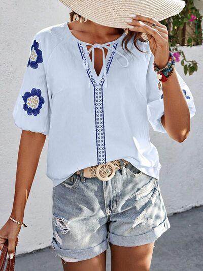 Embroidered Tie Neck Puff Sleeve Blouse for Women Stylish - Selvanelle