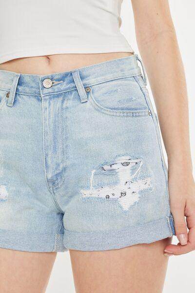 Kancan High Rise Repaired Mom Denim Shorts for Women - Selvanelle