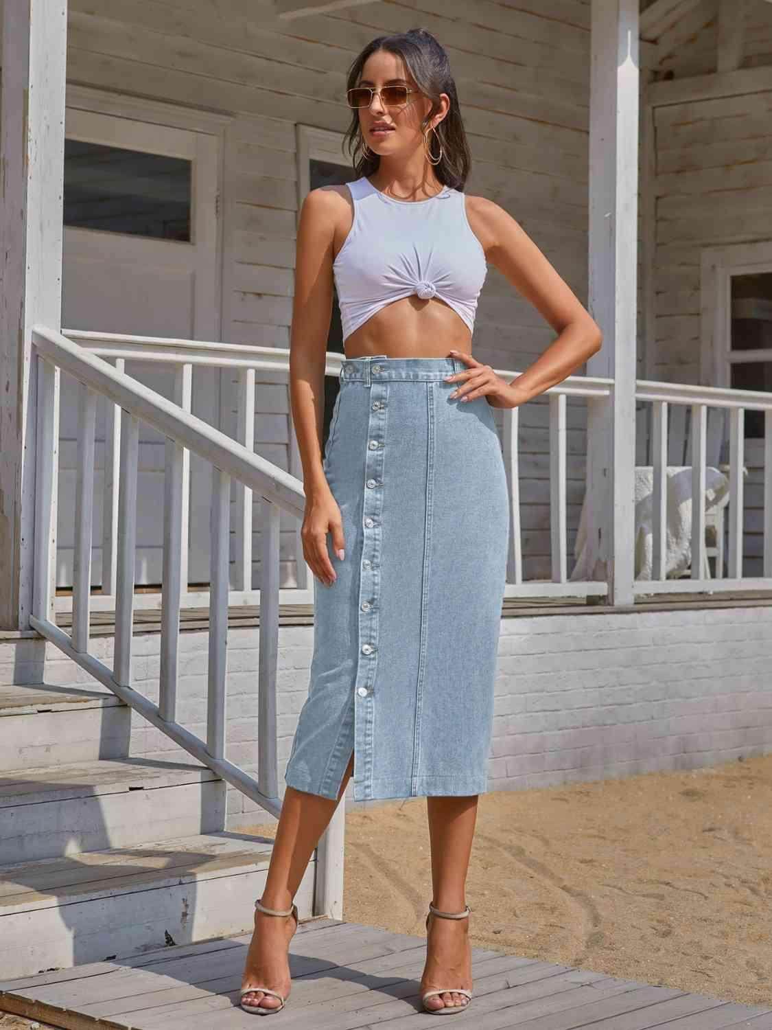 Button Down Denim Skirt for Women in Various Sizes - Selvanelle