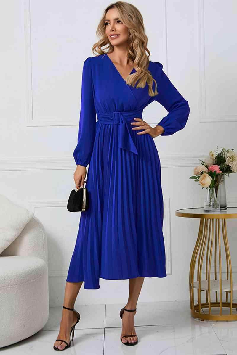 V-Neck Long Sleeve Tie Waist Midi Dress for Women - Selvanelle
