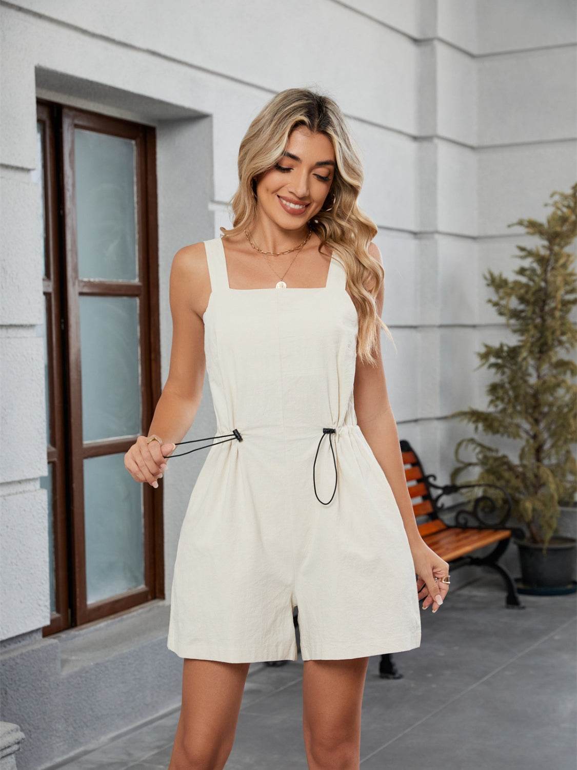 Drawstring Wide Strap Romper with Pockets - Selvanelle