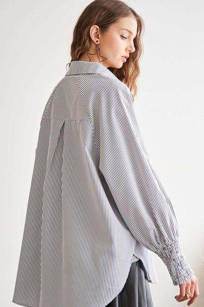 ADORA High-Low Striped Button Down Smocked Lantern Sleeve Shirt - Selvanelle