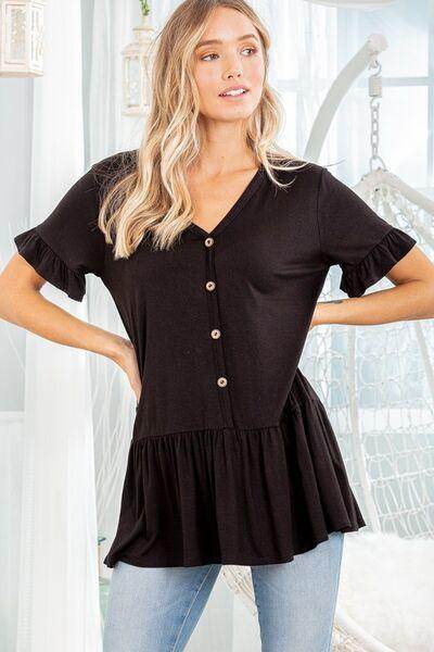 Heimish Full Size Ruffled V-Neck Short Sleeve Blouse Plus Size - Selvanelle