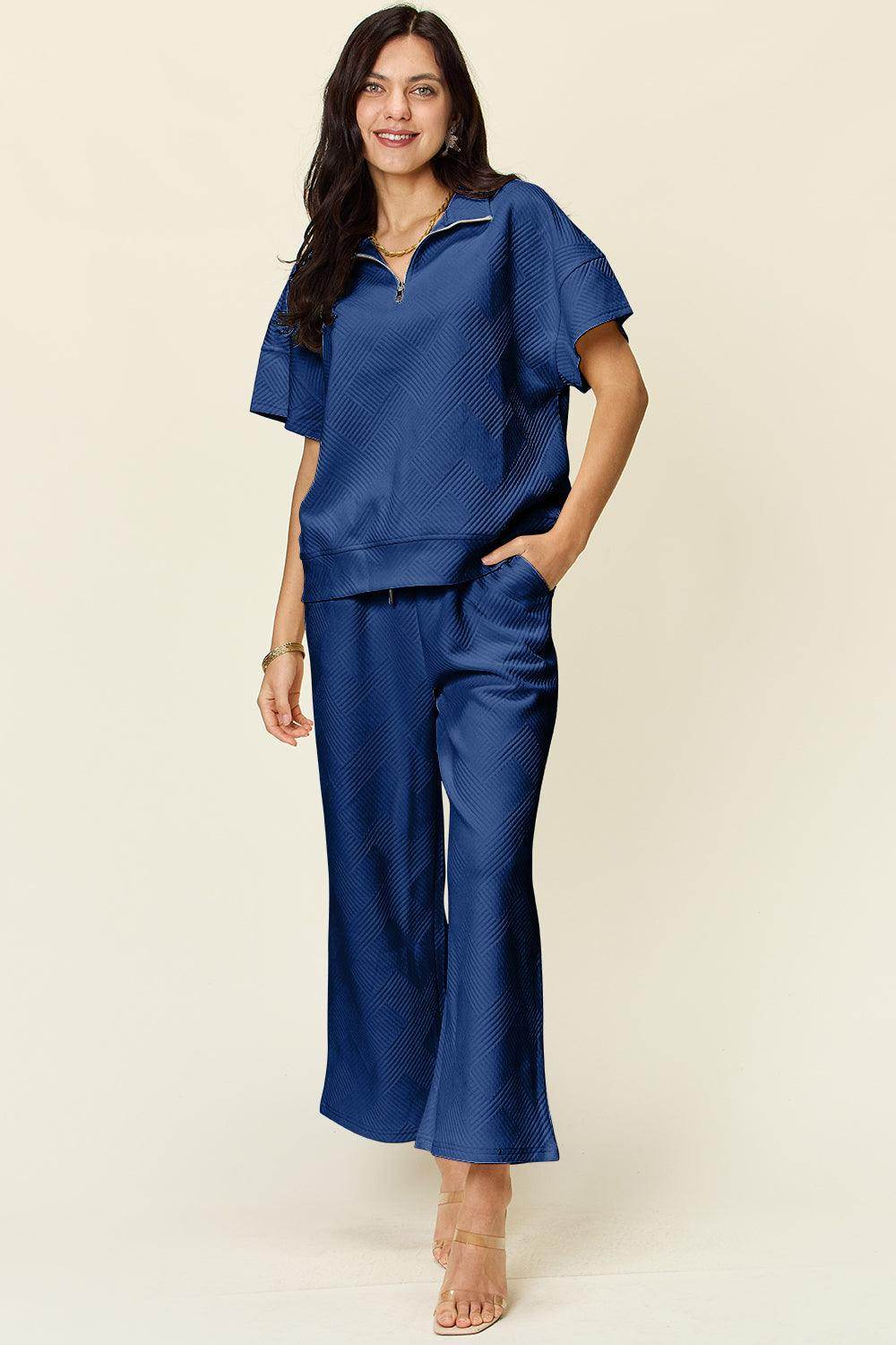 Double Take Full Size Texture Half Zip Short Sleeve Top Set - Selvanelle