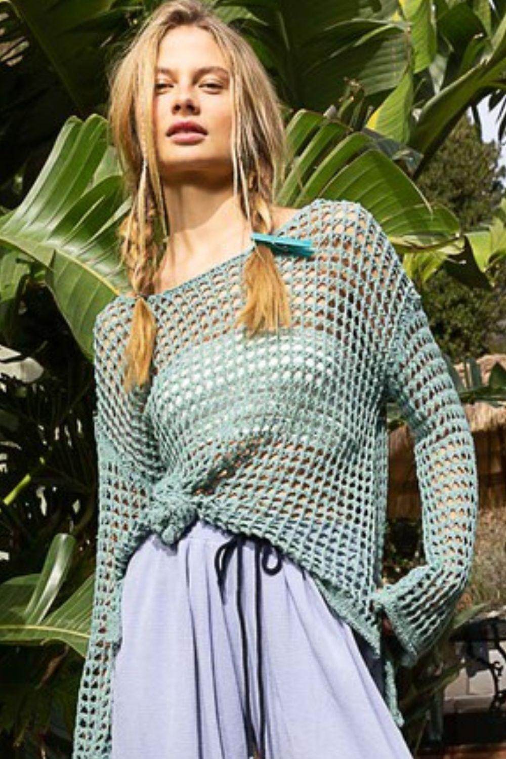 POL Side Slit Openwork Long Sleeve Knit Cover Up Dress - Selvanelle